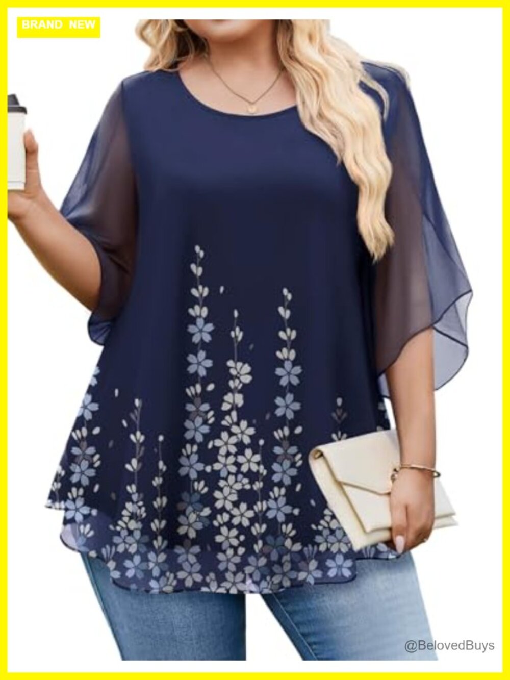 Plus Size 3/4 Sleeve Double Layer Mesh Blouse Loose Fit Dressy Top
